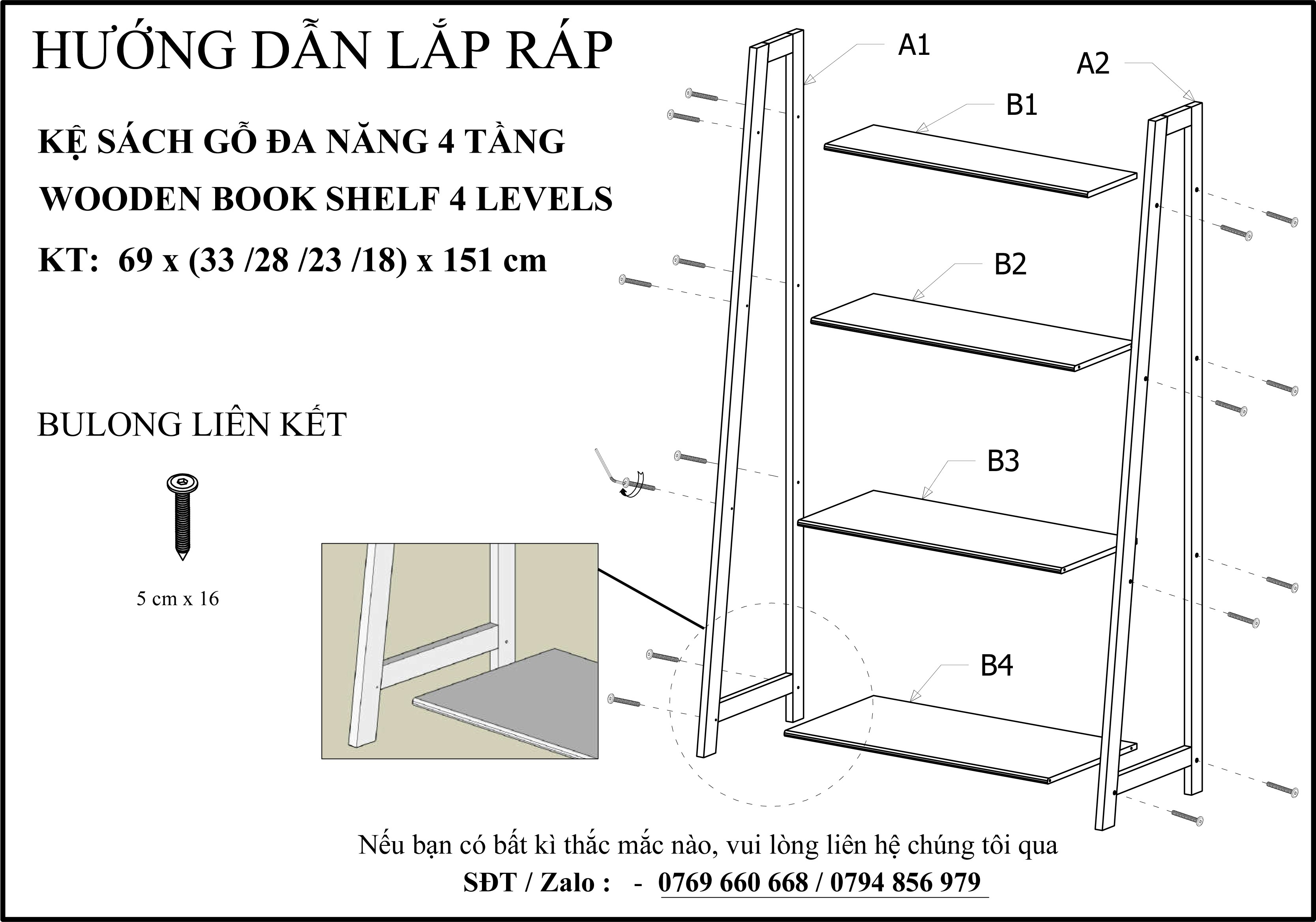 Kệ sách gỗ hiện đại đa năng 4 tầng - Mặt ván