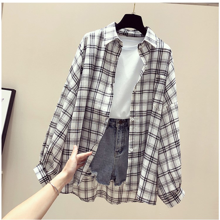 Áo sơ mi nữ kẻ caro tay bồng dáng thụng ulzzang/ Áo chống nắngthời trang hàn quốc Mã 59