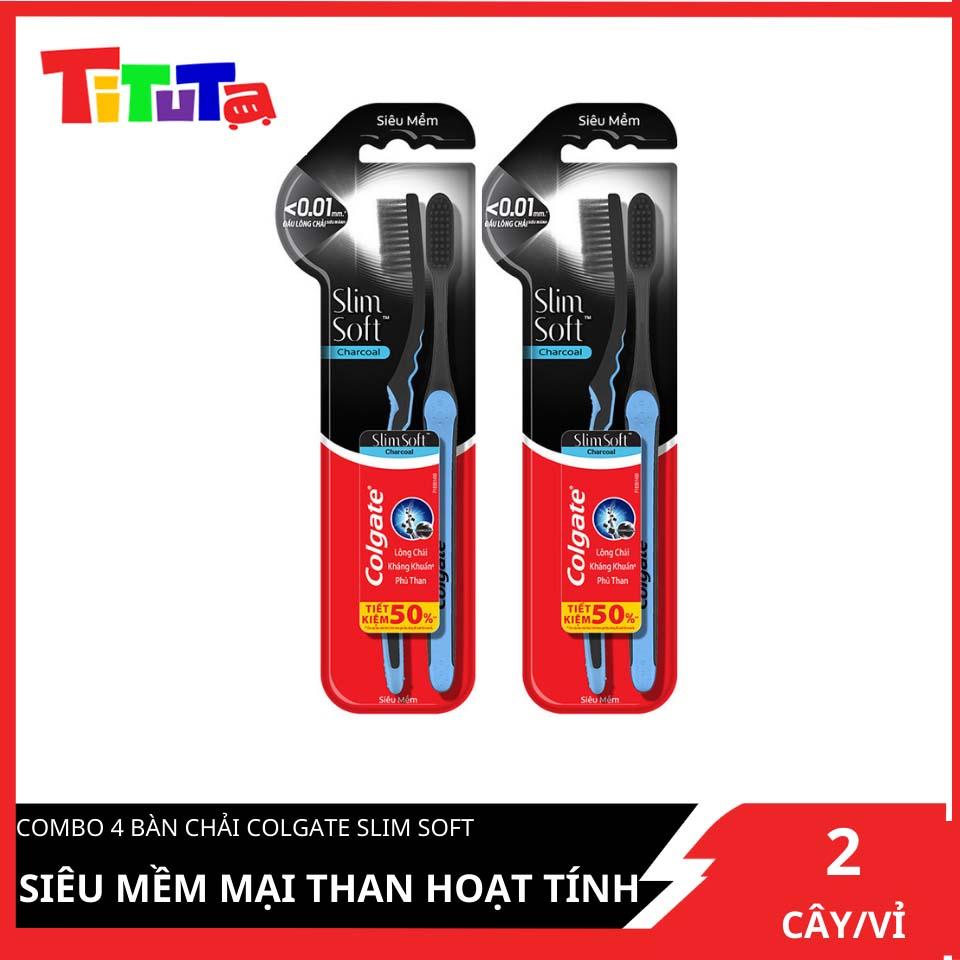 Bộ 4 bàn chải đánh răng Colgate than hoạt tính kháng vi khuẩn SlimSoft Charcoal mềm mảnh (Màu và Bao bì ngẫu nhiên)