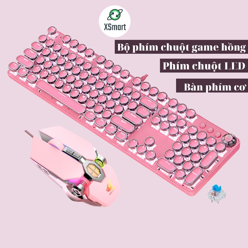 Bộ bàn phím CƠ viền CROM và Chuột XSmart màu Hồng led nhiều chế độ siêu đẹp T900 crom+V8 PINK tương thích máy tính laptop pc - Hàng Chính Hãng