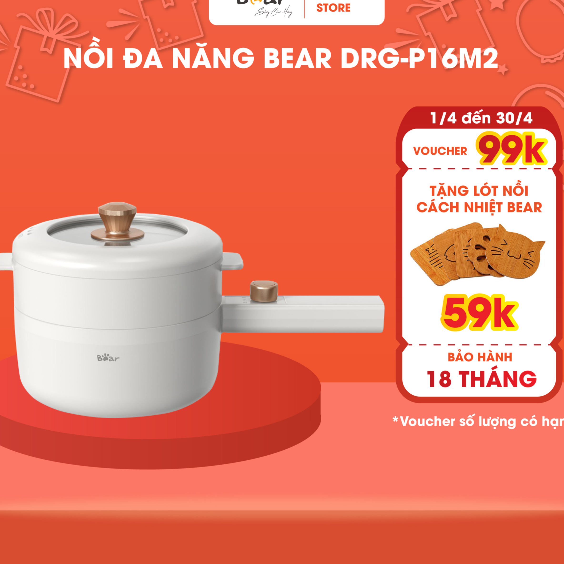 Nồi Đa Năng 2 Tầng Bear 1,6l Phủ Gốm Cao Cấp Hấp, Xào, Nấu, Luộc- DRG-P16M2 - Hàng Chính Hãng