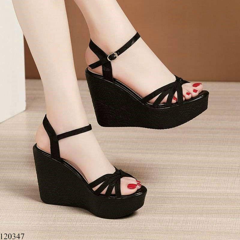 Giày sandal đế xuồng nữ 10cm,giày xăng-đan da quai chéo ngang cao 10 phân đen siêu nhẹ