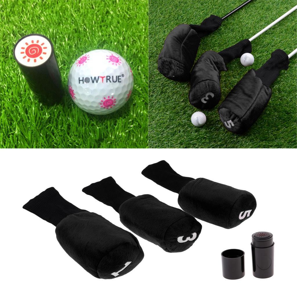 3pcs Long Neck Golf Club Head Cover Wood Headcover & Ball Stamper