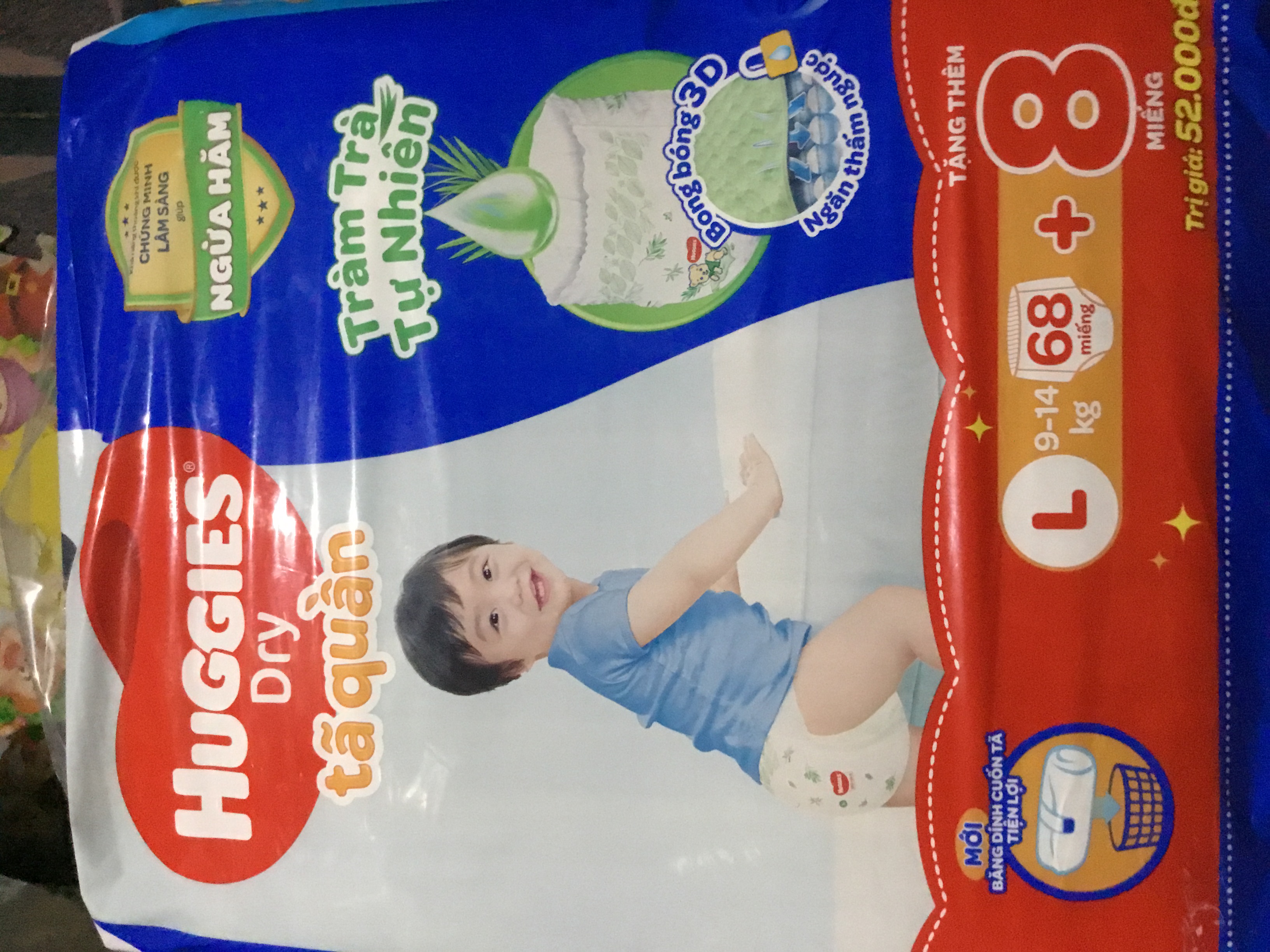 Tặng Thêm 8 Miếng- Tã quần Huggies L68-Tràm trà tự nhiên ngừa hăm - Date mới