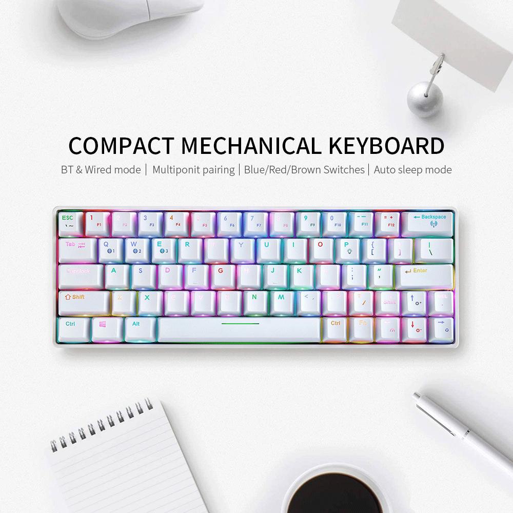 Bàn phím RGB N-key Rollover đa thiết bị cơ học nhỏ gọn với 64 phím BT & Chế độ có dây 18 Hiệu ứng, đèn nền