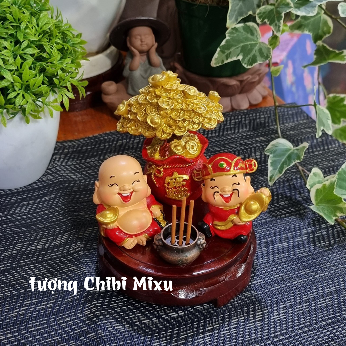 Combo Thần Tài - Thổ Địa 219K (gồm Thần Tài - Thổ Địa 4cm + cây tiền + lư hương + đế 8cm) tặng 10 nhang