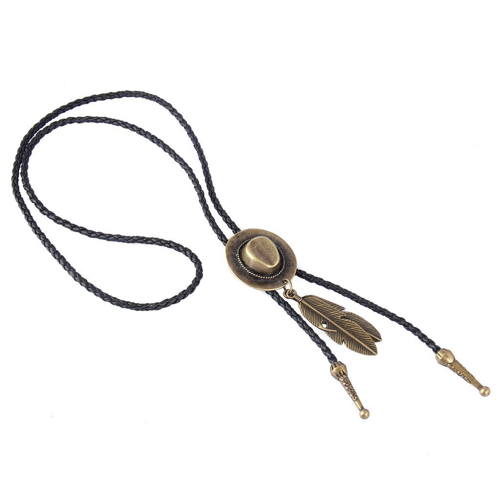 Black PU Leather Western Cowboy Rodeo Bolo Tie Bola Necklace Antique Brass