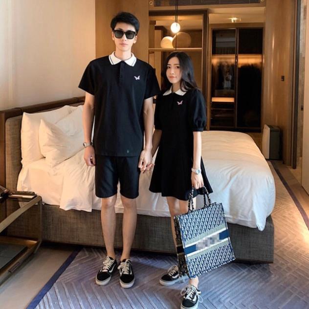 Váy thun đôi: Váy thun polo thêu bướm + Áo polo nam phối hợp