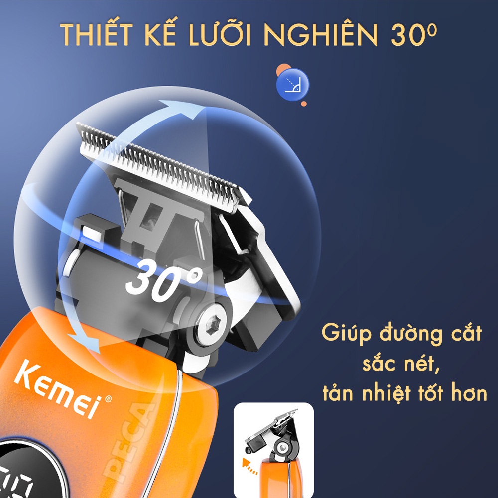 Tông đơ cắt tóc không dây Kemei KM-1837 phiên bản mới cải tiến điều chỉnh 2 mức tốc độ màn hình LCD thông minh sạc nhanh USB công suất mạnh