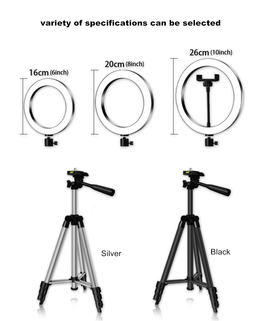 Chân tripod chiều cao thay đổi Đèn LED 26cm điều chỉnh độ sáng + kẹp điện thoại + Remote chụp ảnh, quay video livestream