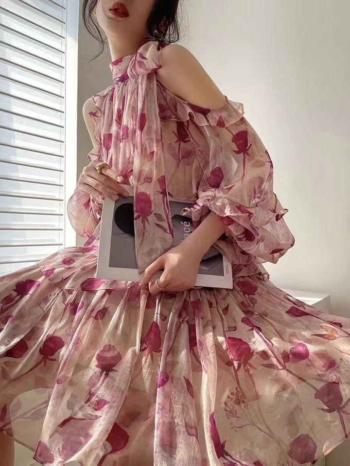 CHENGRUI 2023 Mùa hè Pháp Tea Break Dress hoa ngọt ngào nghỉ mát gió đèn lồng tay áo đầm cổ tích nhỏ