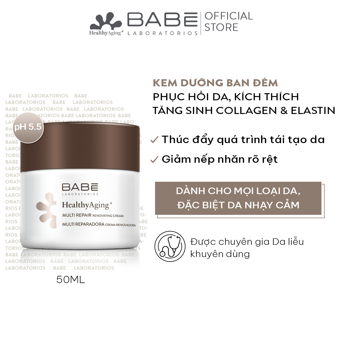 Kem dưỡng chống lão hóa da, phục hồi da Babe Healthy Aging + Muite Repair Renovating Cream night 50ml