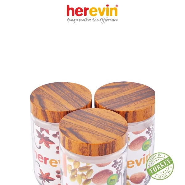 Bộ 3 Hũ Thủy Tinh Herevin Tròn Trơn Nắp Woody 660ml - HEHU231367-205