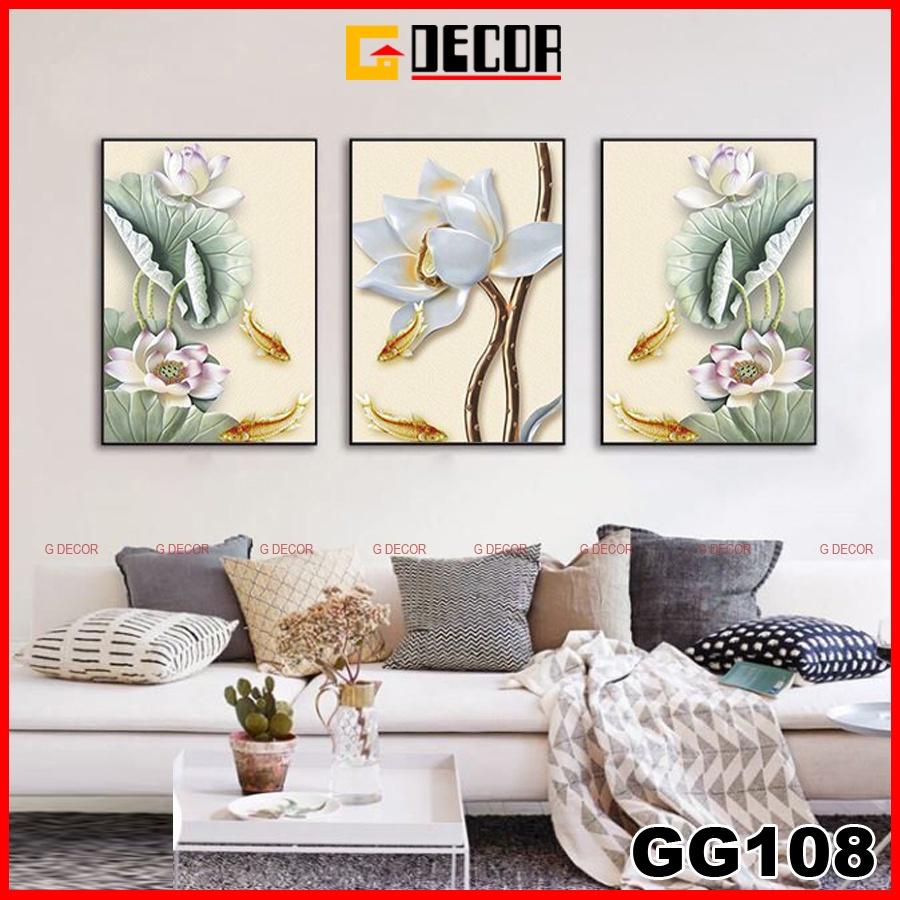 Tranh treo tường canvas 3 bức phong cách hiện đại Bắc Âu 108, tranh hoa sen trang trí phòng khách, phòng ngủ, phòng ăn