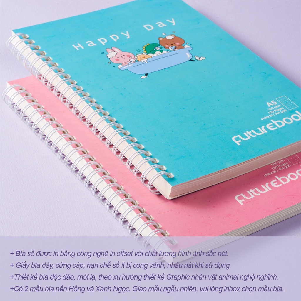 FUTUREBOOK-Sổ Lò Xo Bìa Mềm Happy Day A5-Dòng Kẻ Chấm Dot-Định Lượng 100GSm-120 Trang. Mã SP LM512