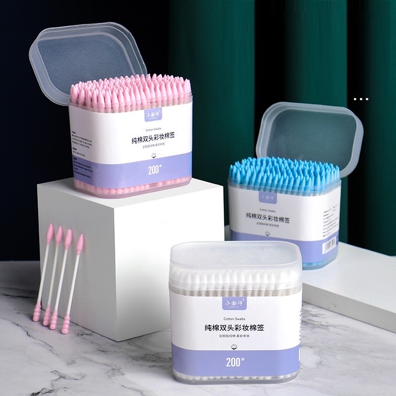 Sản phẩm dụng cụ trang điểm làm đẹp _ Combo hộp 200c tăm bông ráy tai lớn  cao cấp với 2 đầu tăm thiết kế hình dáng khác nhau làm sạch sâu bên trong , an toàn và tiện lợi
