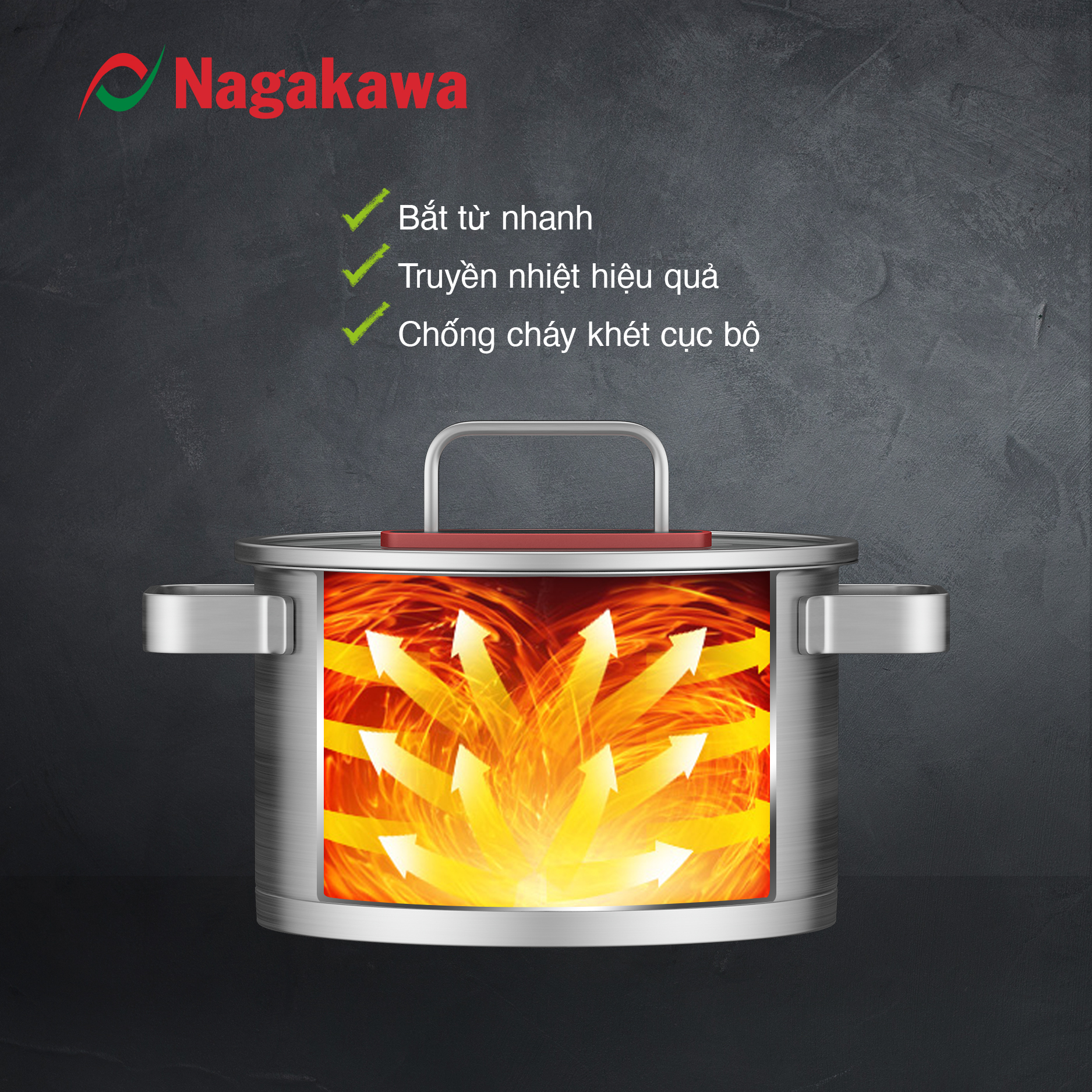 Bộ 3 nồi inox 304 đa lớp toàn phần Nagakawa Aki NAG1357 - Dùng trên mọi loại bếp - Hàng chính hãng