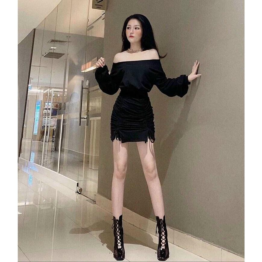 Gunkaymatter Đầm Trễ Vai Rút Dây 2 Bên Hông Đầm Ôm Body Chất Liệu Thun Bozip Mẫu Siêu Dễ Thương