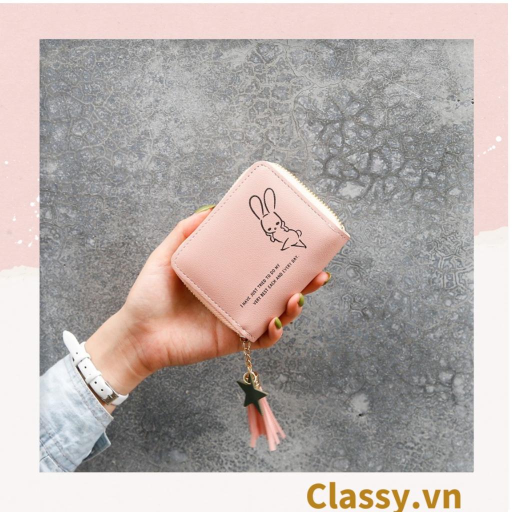 Ví gập nữ Classy mini họa tiết thỏ con, nhiều ngăn đựng thẻ, khóa dây kéo T1306