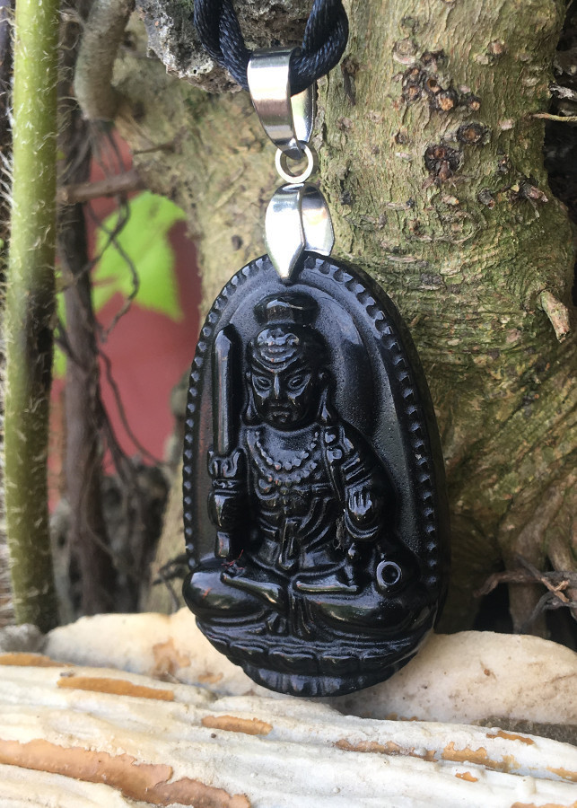 Mặt dây chuyền Phật bản mệnh tuổi Dậu, Đá Núi Lửa Obsidian, Phật Bất Động Minh Vương, Cỡ nhỏ, AKO3
