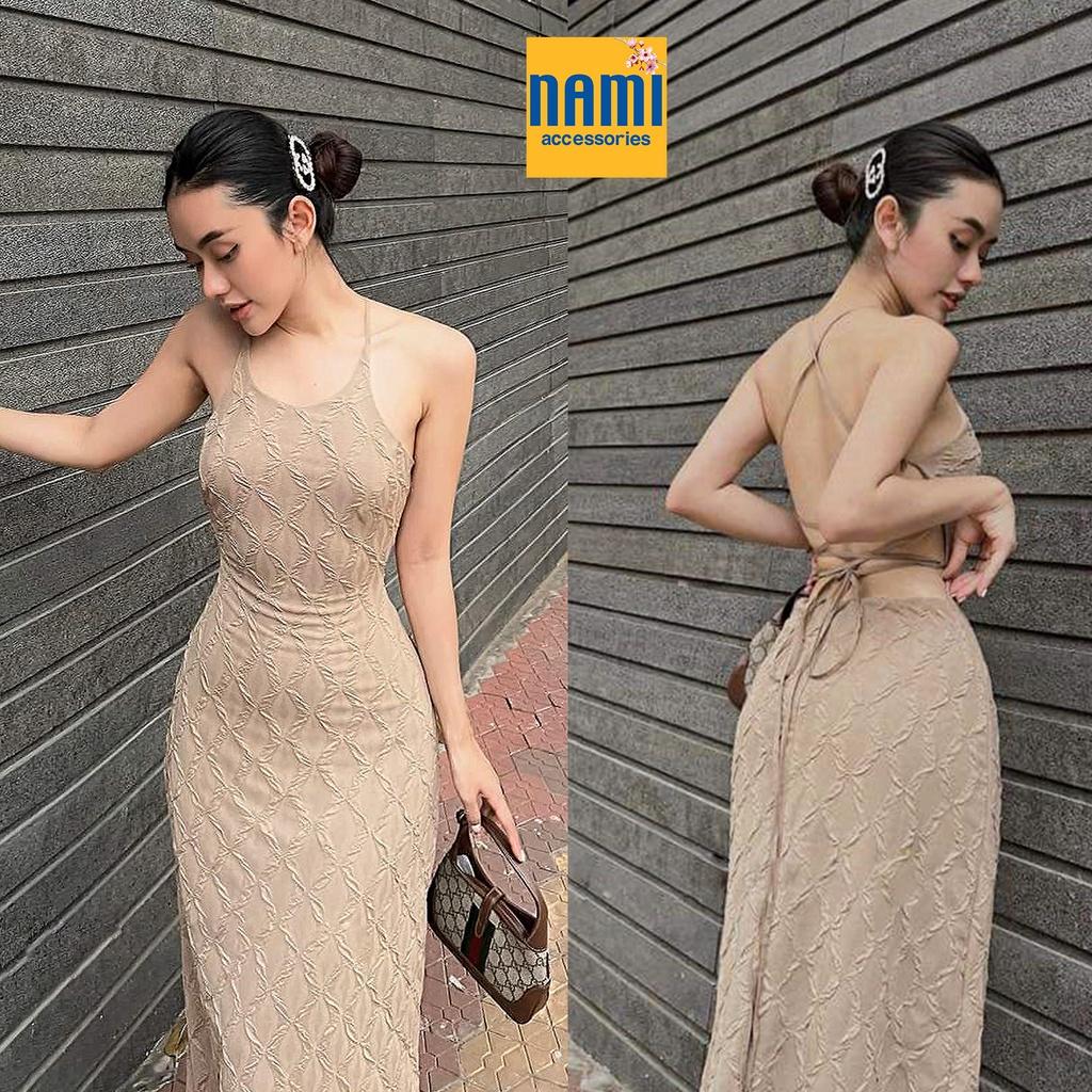 ( HÀNG CHUẨN ĐẸP ) Đầm Maxi Gân Nổi Cổ Yếm Đan Dây Lưng Sexy Gợi Cảm Quyến Rũ - ATNU003