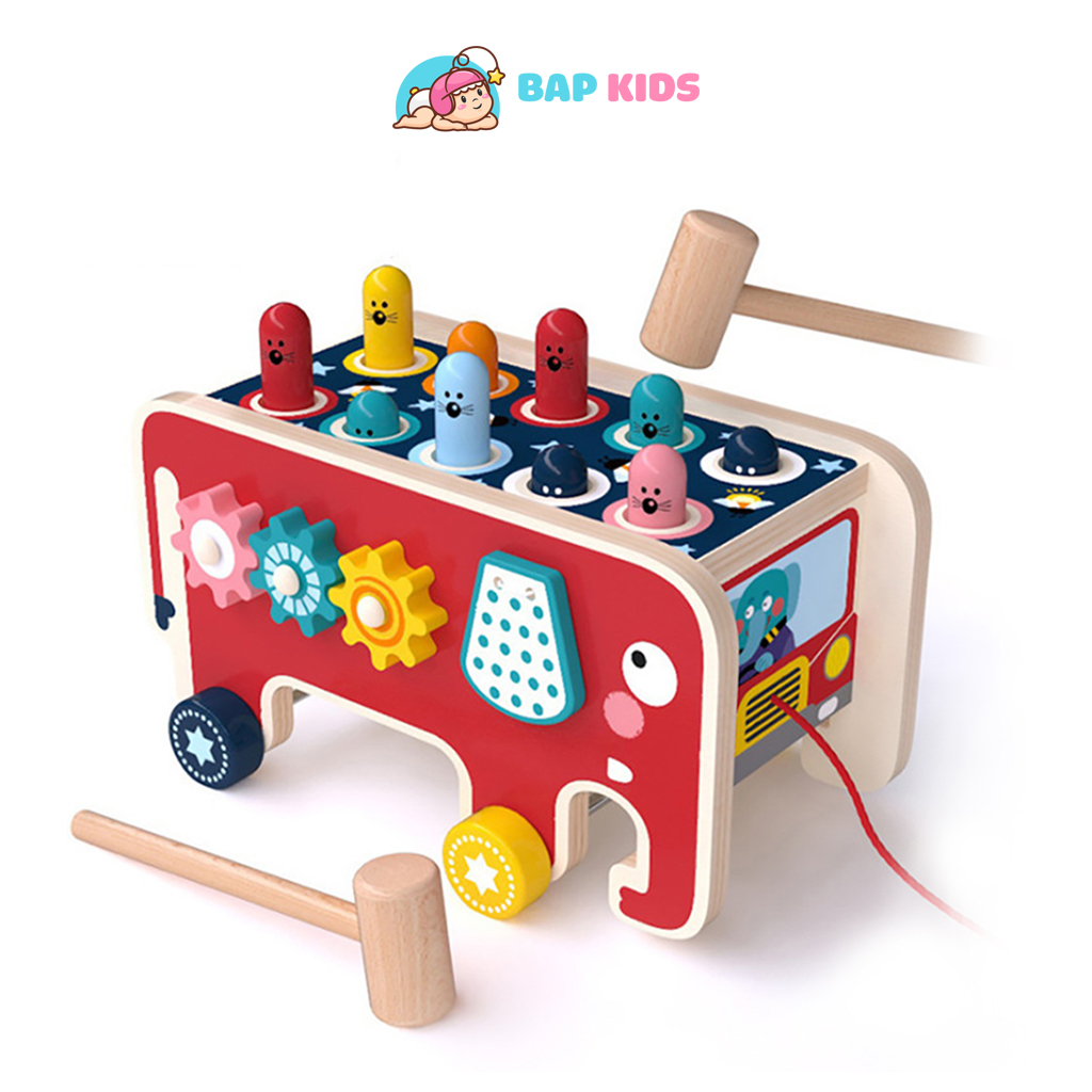 Đồ chơi cho bé BAPKIDS Đồ chơi gỗ thông minh Xe đập thú hình voi kèm trò chơi xếp dãy số