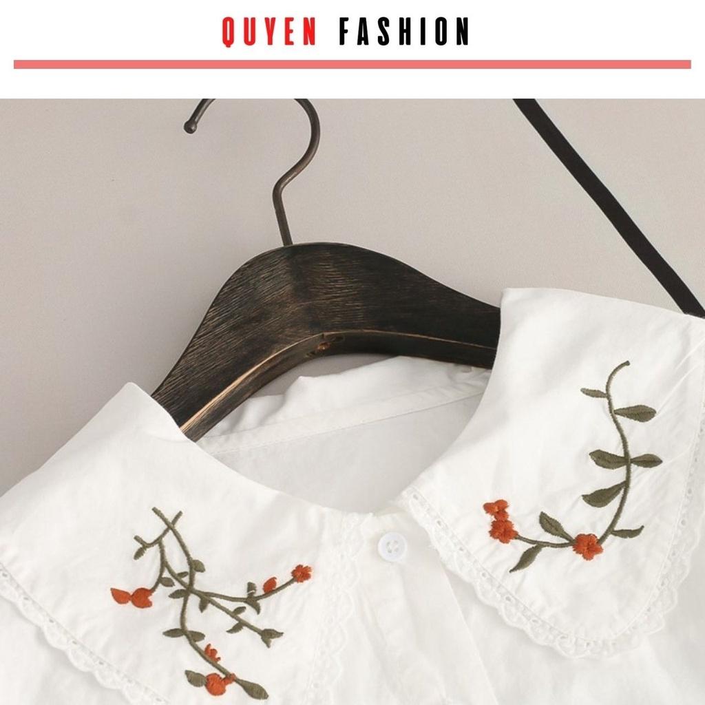 Áo sơ mi cổ thêu hoa công sở Quyên Fashion AA555 màu trắng tay tiểu thư