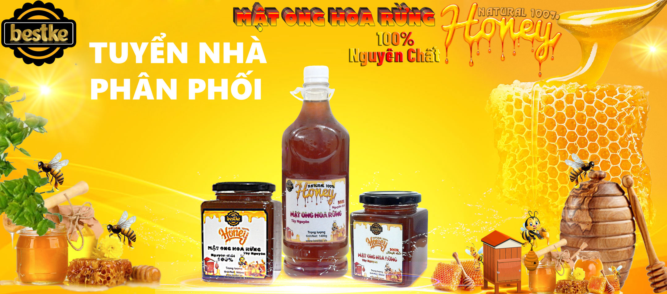 bestke mật ong hoa rừng nguyên chất 100%, combo 5 hũ, mỗi hũ 200ml, honey natural bestke