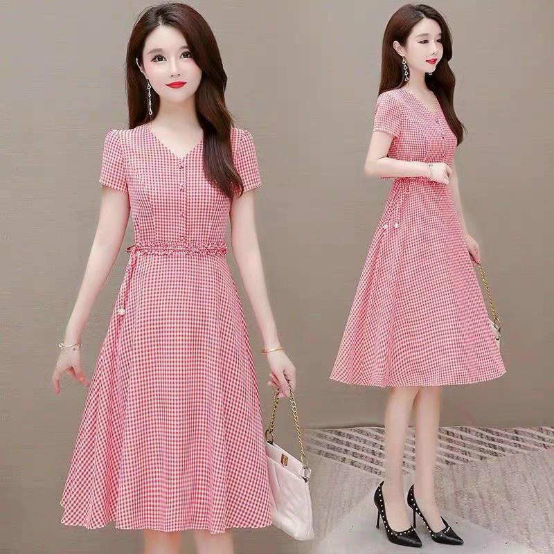 Đầm váy nữ trung niên chữ A tay ngắn văn phòng công sở dạo phố màu xám ghi đỏ nhẹ nhàng