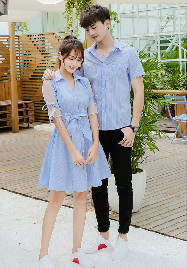 Set đôi sơ mi đi biển sọc xanh