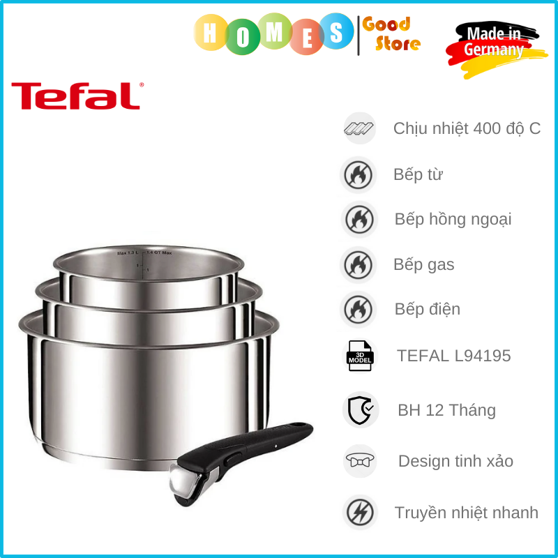 Bộ Nồi Chung Tay Cầm TEFAL Ingenio L94195, Size 16-18-20 Cm, Nhập Khẩu Đức, Dùng Cho Mọi Loại Bếp, Bền Gấp 6 Lần Chảo Thường - Hàng Nhập Khẩu