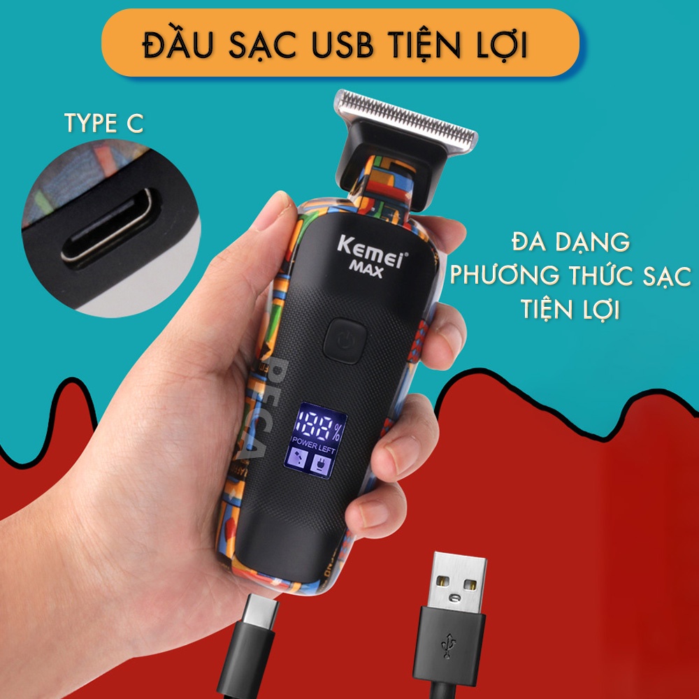 Tông đơ chấn viền cao cấp Kemei KM-MAX5090 phiên bản trend màn hình LCD hiển thị sạc nhanh USB có thể cắt tóc, cạo đầu, fade trắng chân tóc, bấm viền