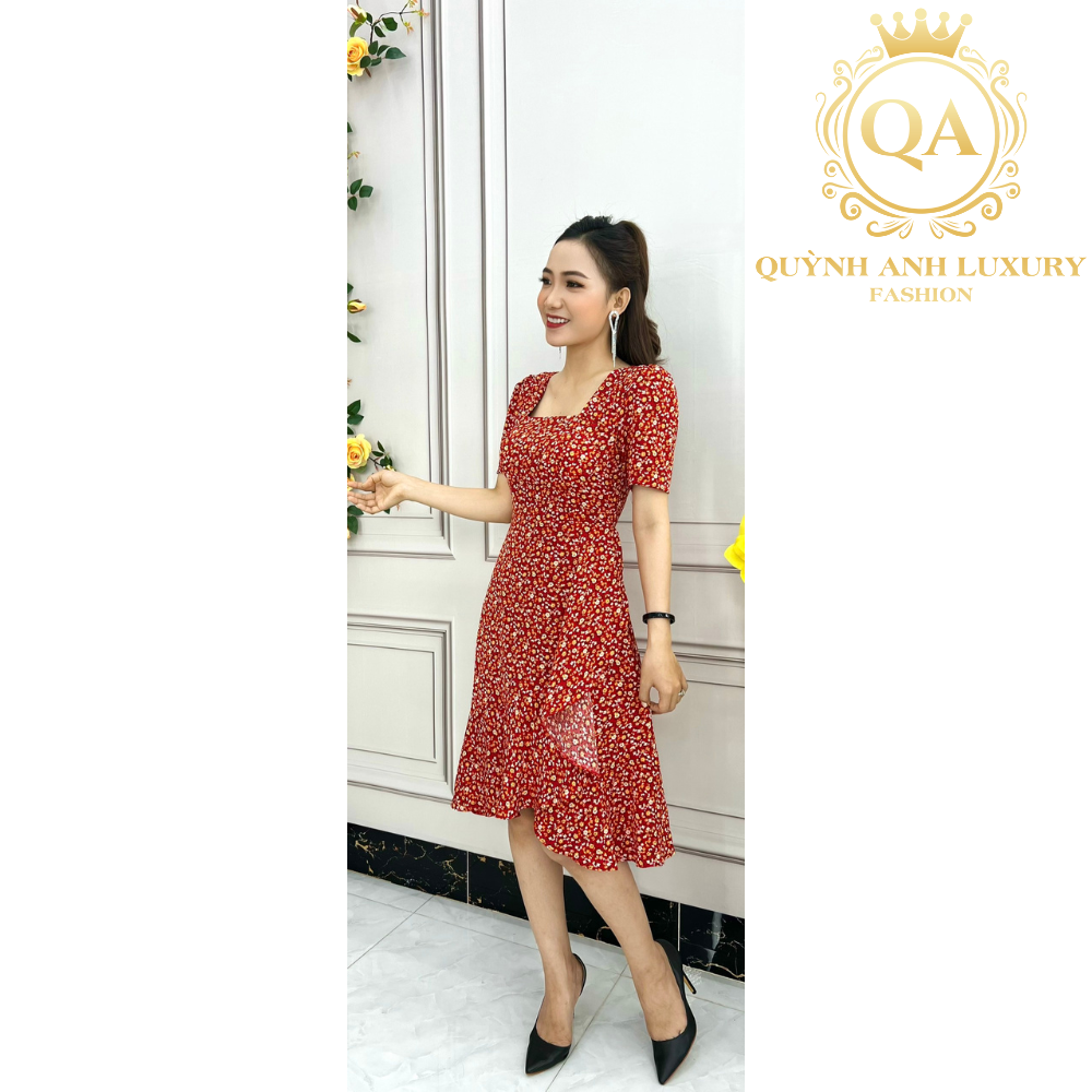 Đầm xoè hoa nhí đuôi tôm đỏ