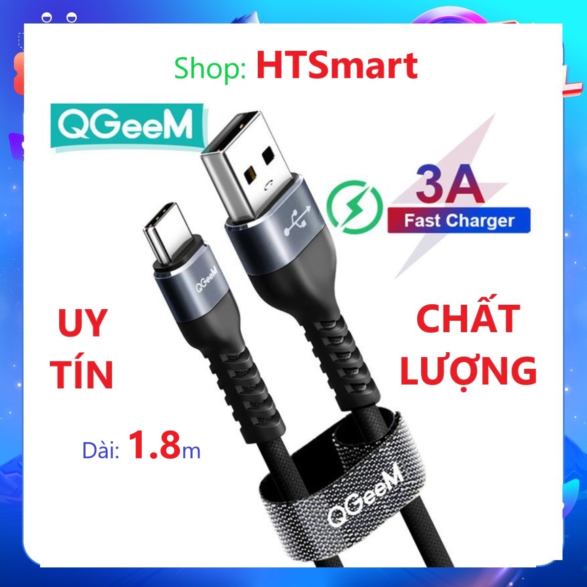Cáp sạc nhanh QGeeM USB Type C 3A dài 1.8m (Xám Xanh) Siêu bền Truyền dữ liệu tốc độ cao 480 Mbps - Hàng chính hãng
