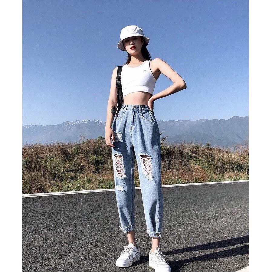 Quần jean nữ baggy lưng cao, quần bò baggy rách độc đáo có bigsize JB08