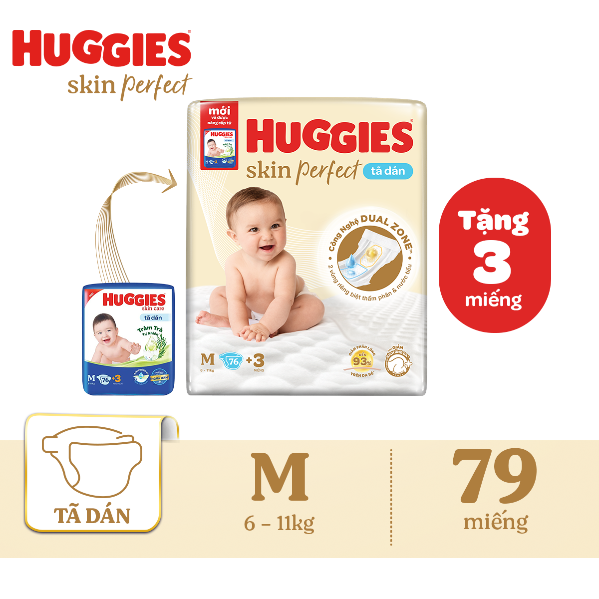 Tã/bỉm dán sơ sinh Huggies Skin Perfect M 76+3 miếng với 2 vùng thấm giảm kích ứng da