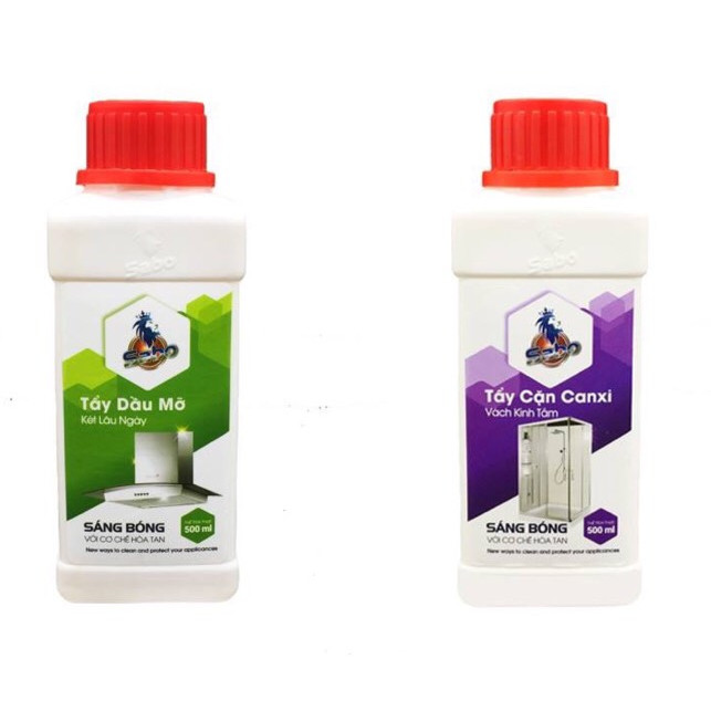 Combo 2 Chai Tiết Kiệm - Chất Tẩy Cặn Canxi Vách Kính Nhà Tắm SABO-K + Chất Tẩy Dầu Mỡ Bám Lâu Ngày Trên Lưới Hút Mùi SABO-M