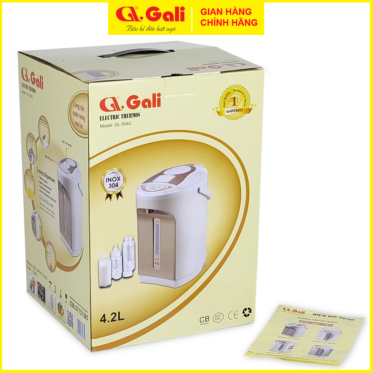 Bình thủy điện Gali GL-5042 dung tích 4.2 lít, phích cấu tạo 2 lớp thân ngoài nhựa, ruột inox 304, hàng chính hãng 100%,  bảo hành 24 tháng Gali