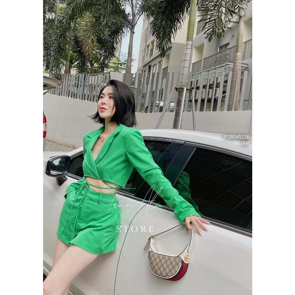 Set áo vest croptop tay dài phối quần giả váy