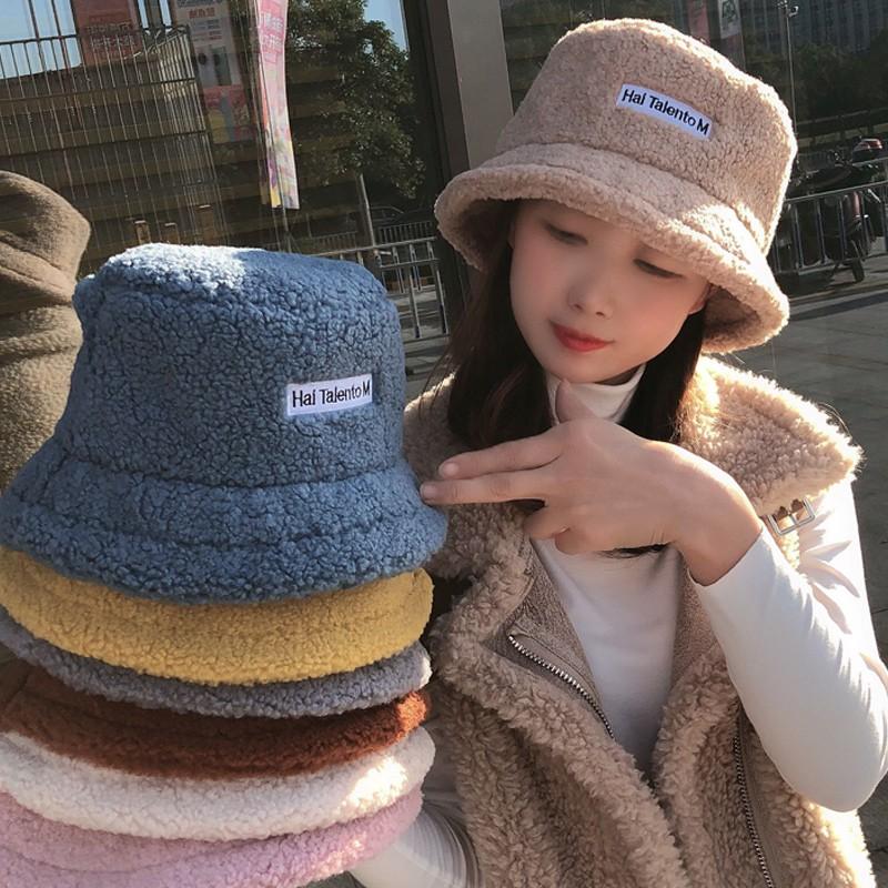 Mũ lông chiên bucket retro thời trang hàn quốc mũ lông cừu nữ mềm giữ ấm thu đông
