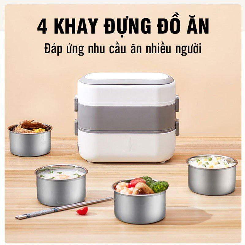 Hộp cơm cắm điện văn phòng 2 tầng 4 bát inox có chức năng giữ nhiệt, hâm nóng và tự nấu chín thức ăn đa năng