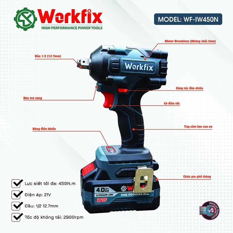 [ Tặng 26 phụ kiện] Máy Siết Bulong Workfix 450N.m 2 pin PLUS- Màu XÁM - Đa Năng 2 In 1 - IW450NBL - Motor Brushless - Chân Pin Phổ Thông 2 Pin 21V/4Ah PLUS - Bảo Hành Chính Hãg - 6th