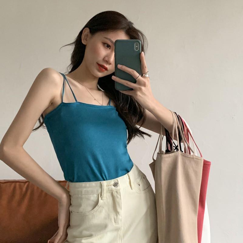 Áo Hai Dây Dệt Kim Một Màu Trơn Nữ Tính Phong Cách Hàn Quốc