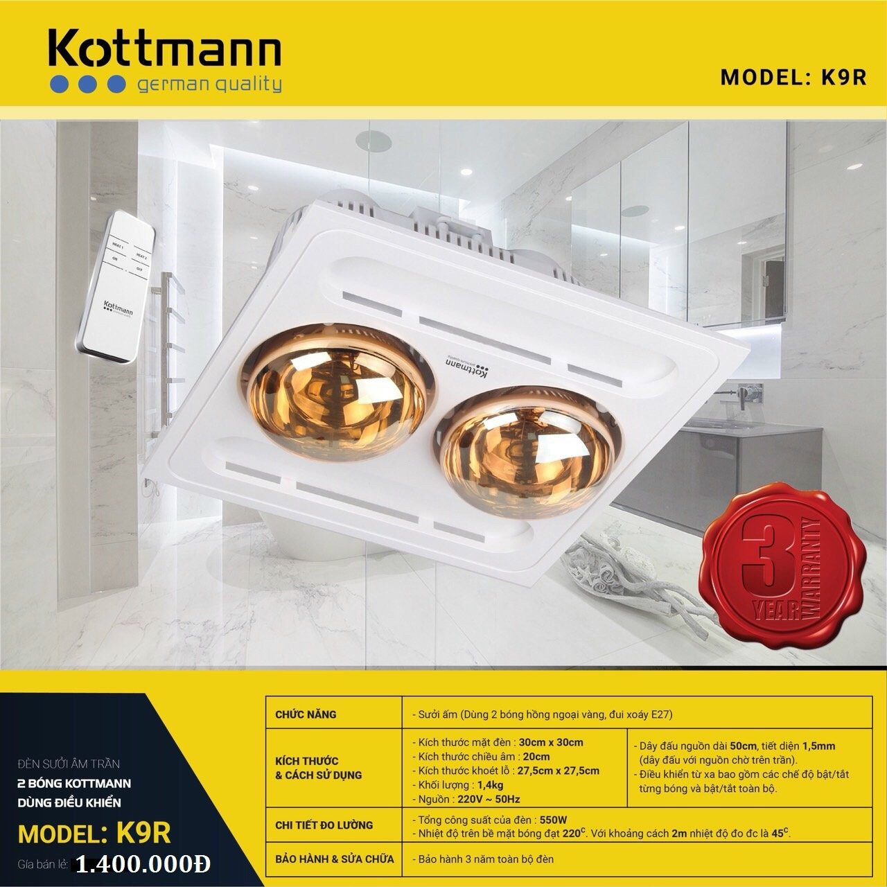 ĐÈN SƯỞI NHÀ TẮM KOTTMAN K9S Hàng chính hãng