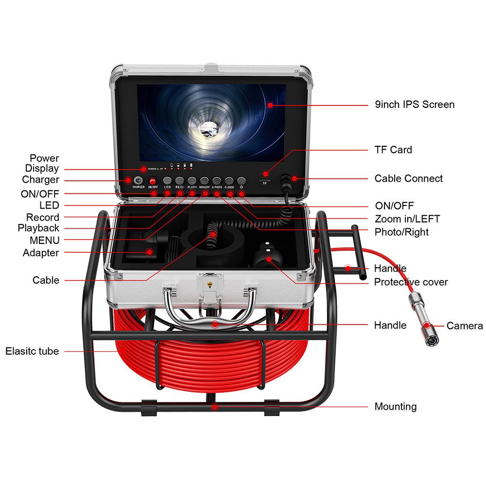 Camera kiểm tra đường ống ghi DVR 9 "Màn hình Borescope IP68 17mm cống thoát nước ống dẫn công nghiệp với thẻ 16g TF