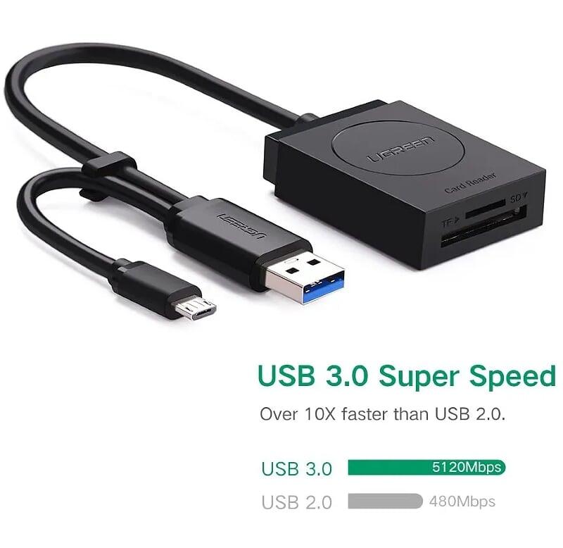 Ugreen UG50415CR127TK 15CM màu đen đầu đọc thẻ SD cổng USB 3.0 và micro dành cho PC và Android OTG - HÀNG CHÍNH HÃNG