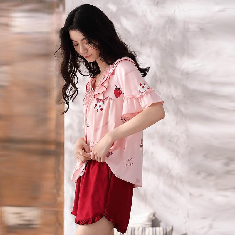 Bộ mặc nhà nữ thun cotton cổ viền bèo thắt nơ