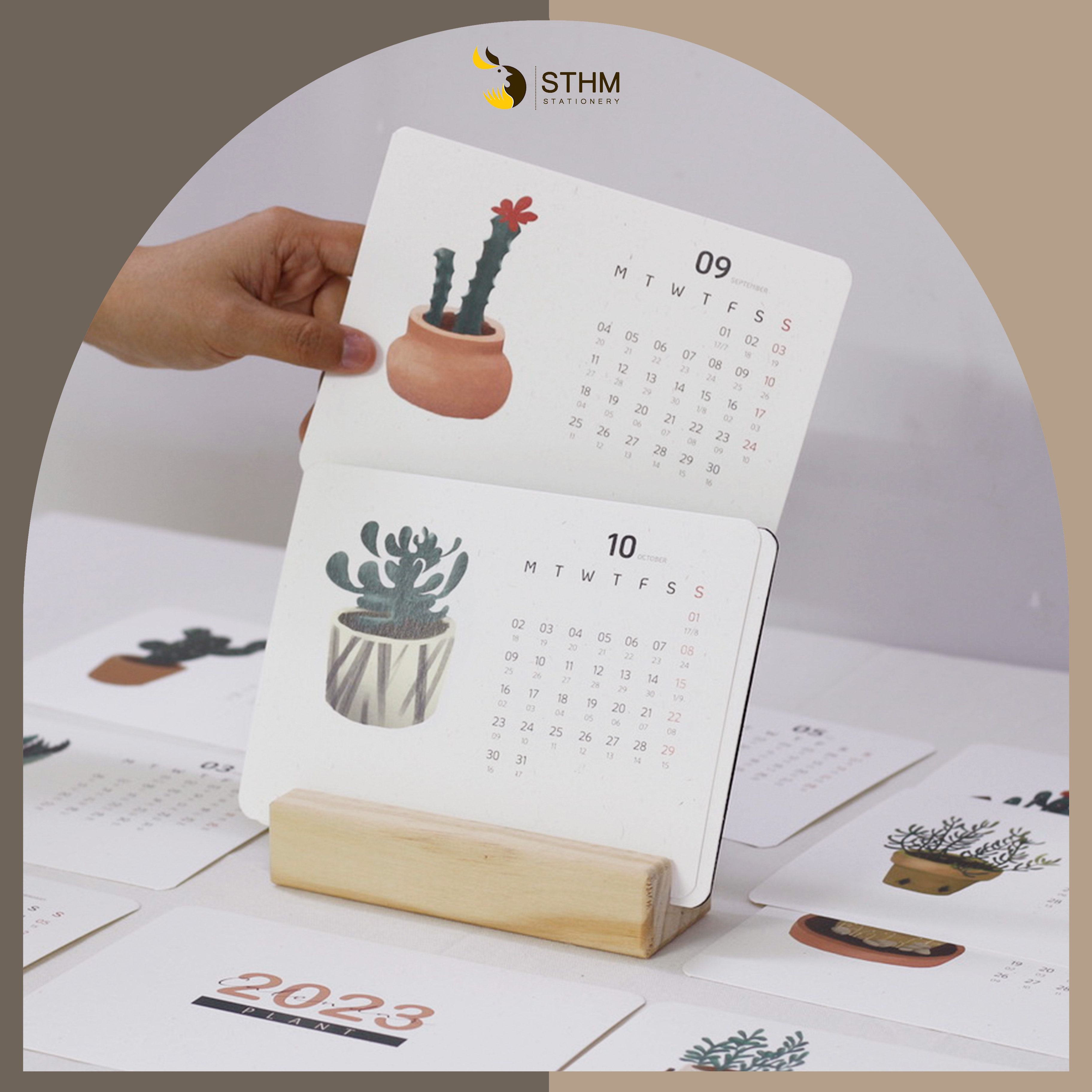 Lịch bàn đế gỗ 2023 - Plant - Tặng 12 sticker - Giấy mỹ thuật 220gsm - Có lịch âm dương - STHM stationery