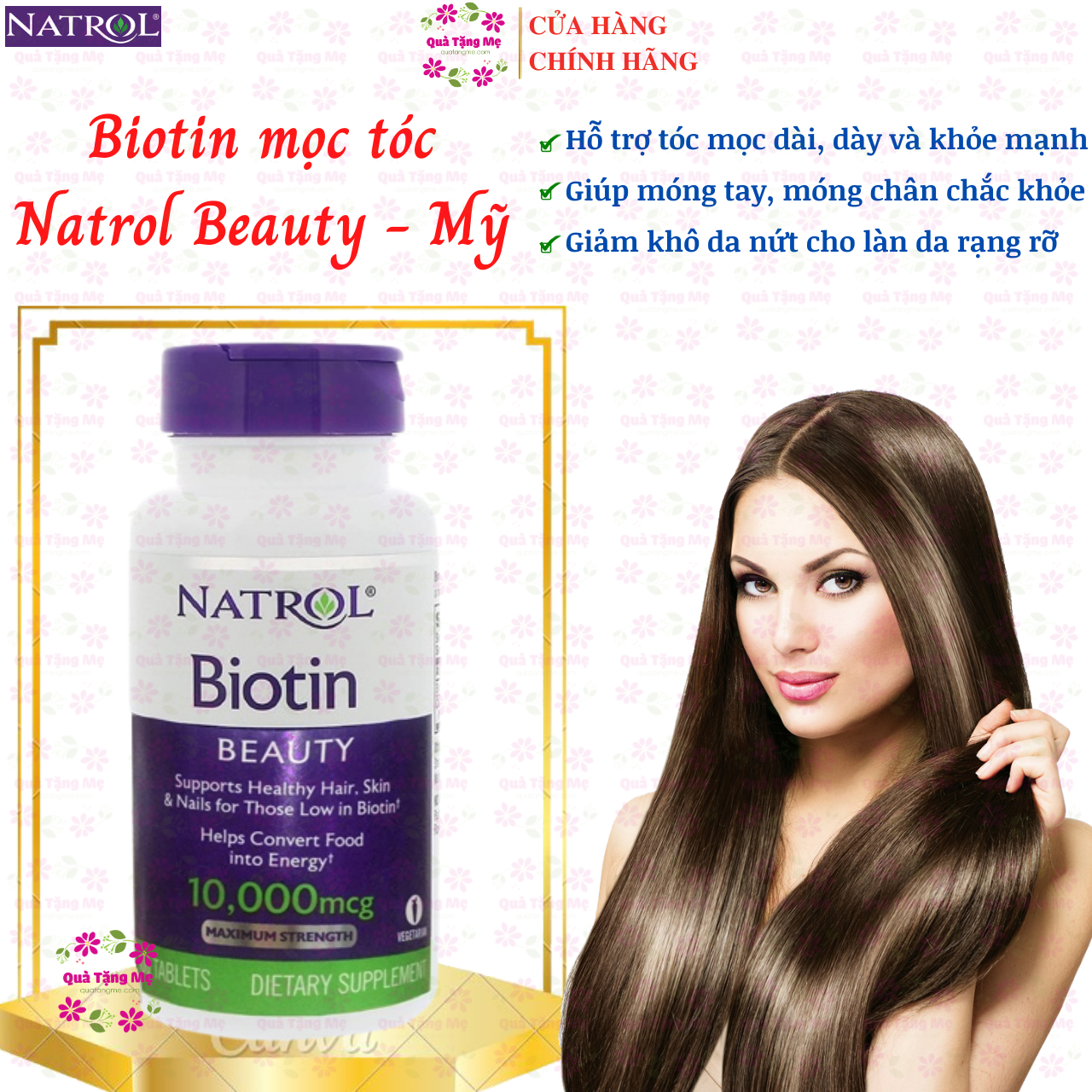 Biotin mọc tóc Natrol Beauty Mỹ hỗ trợ tóc mọc nhanh hơn, dày hơn, cho mái tóc khỏe mạnh, làn da rạng rỡ và móng tay chắc khỏe - QuaTangMe Extaste