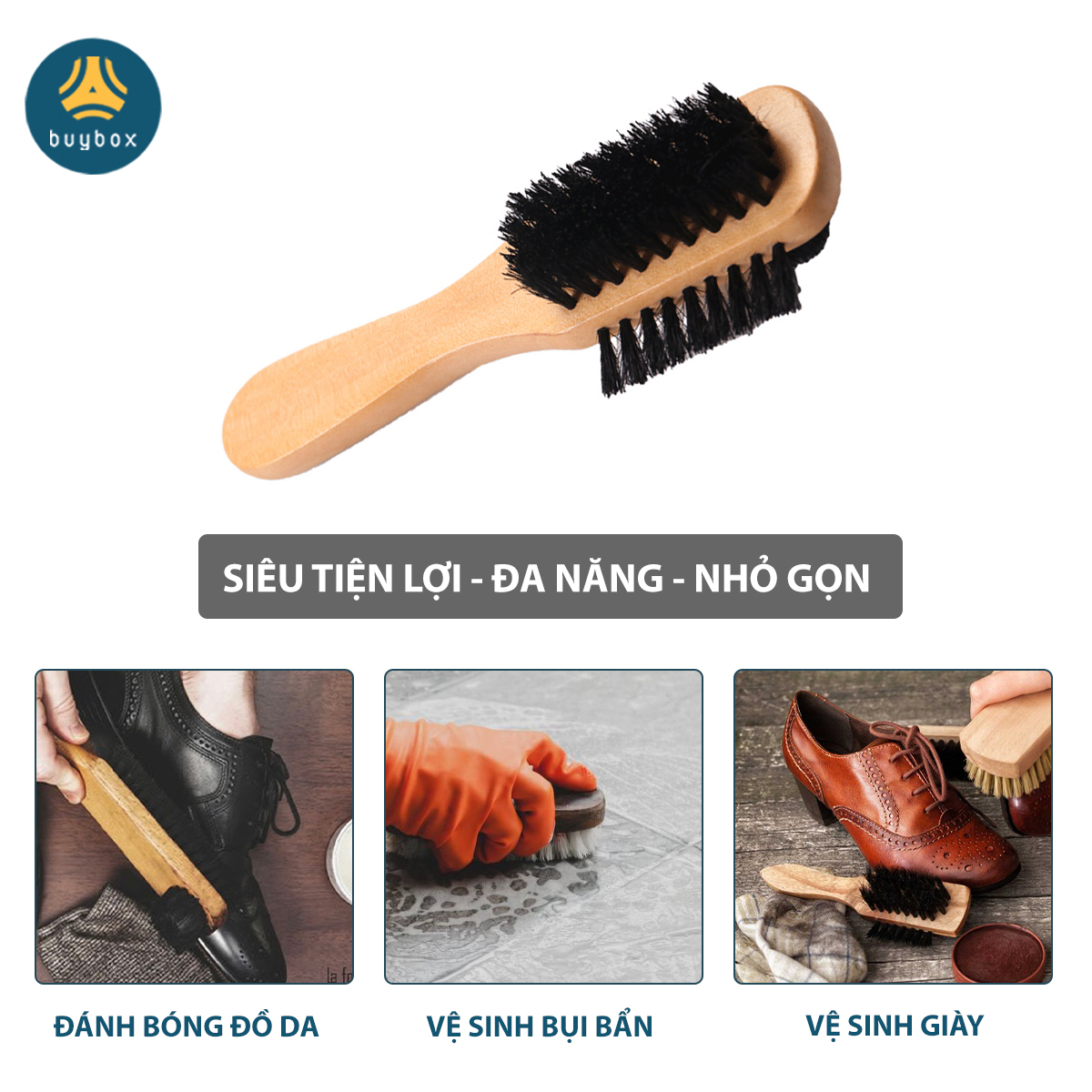 Bàn chải lông heo cán gỗ đang năng chuyên dùng đánh giày - Buybox - BBPK253